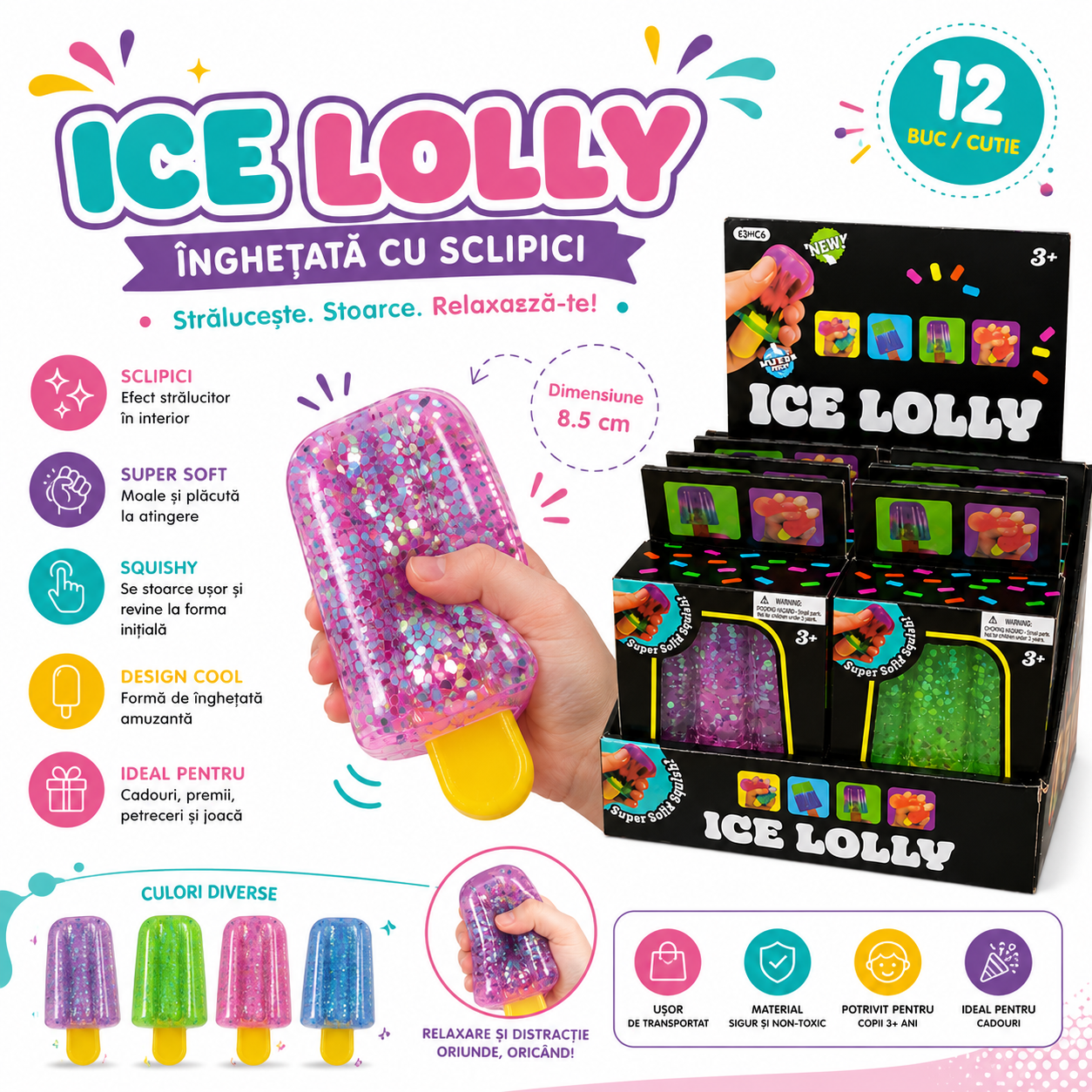 Jucărie Antistres Squishy Înghețată cu Sclipici, 8.5 cm ALEATORIU