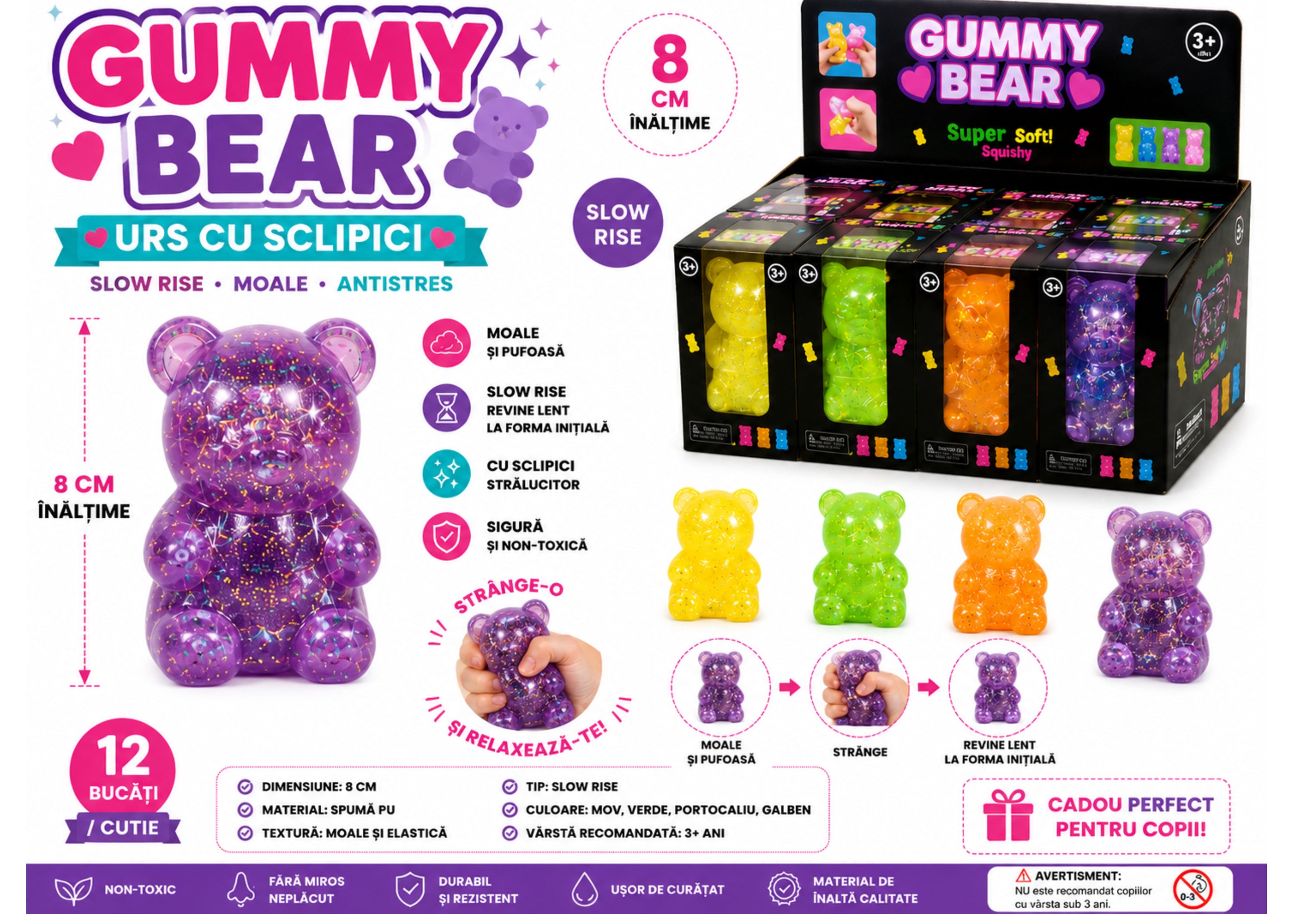 Urs Squishy cu Sclipici 8 cm
