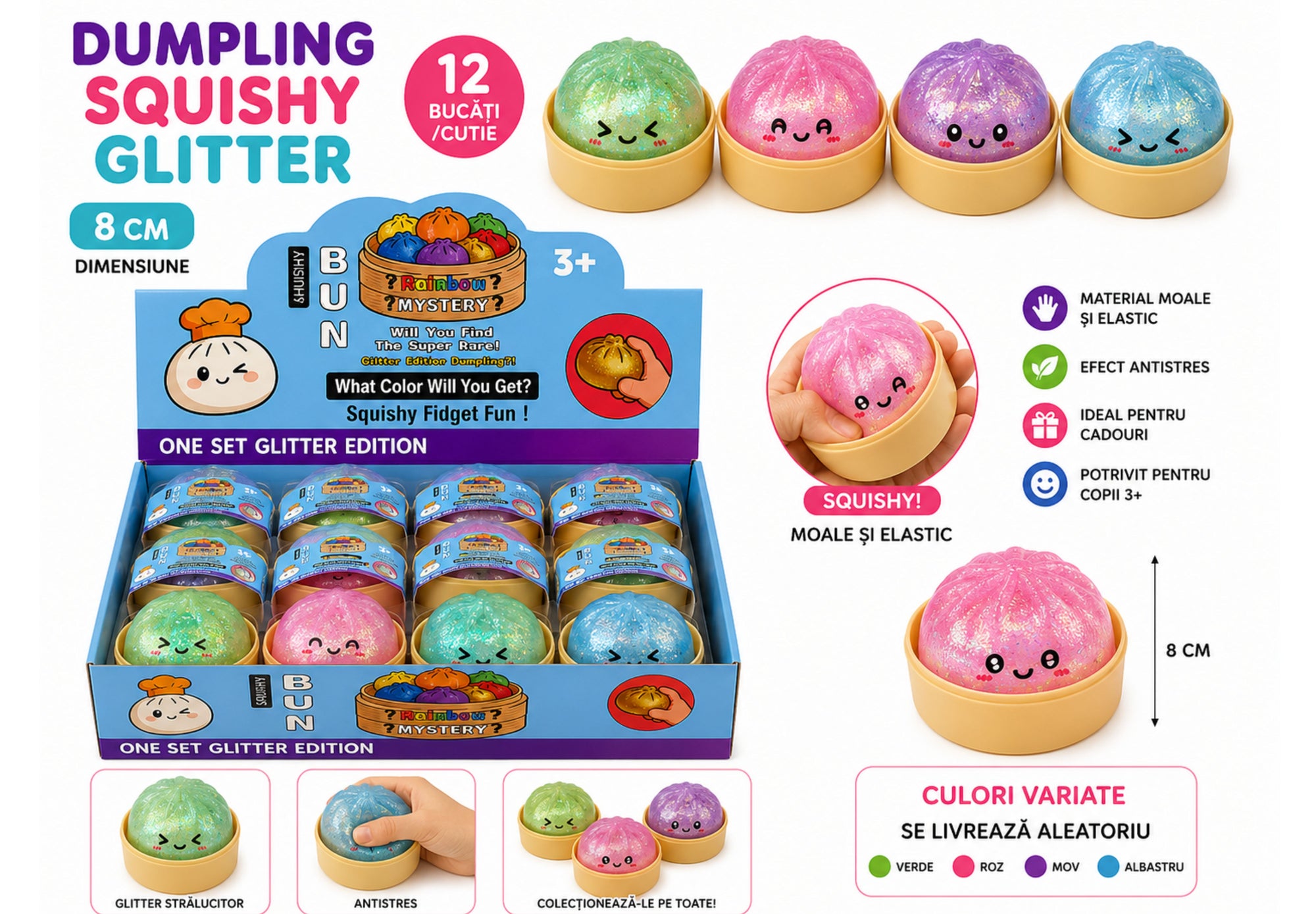 Squishy Dumpling în Cutie Tip Aburitor, 8 cm, Glitter/Transparent/MATA- Aleeator