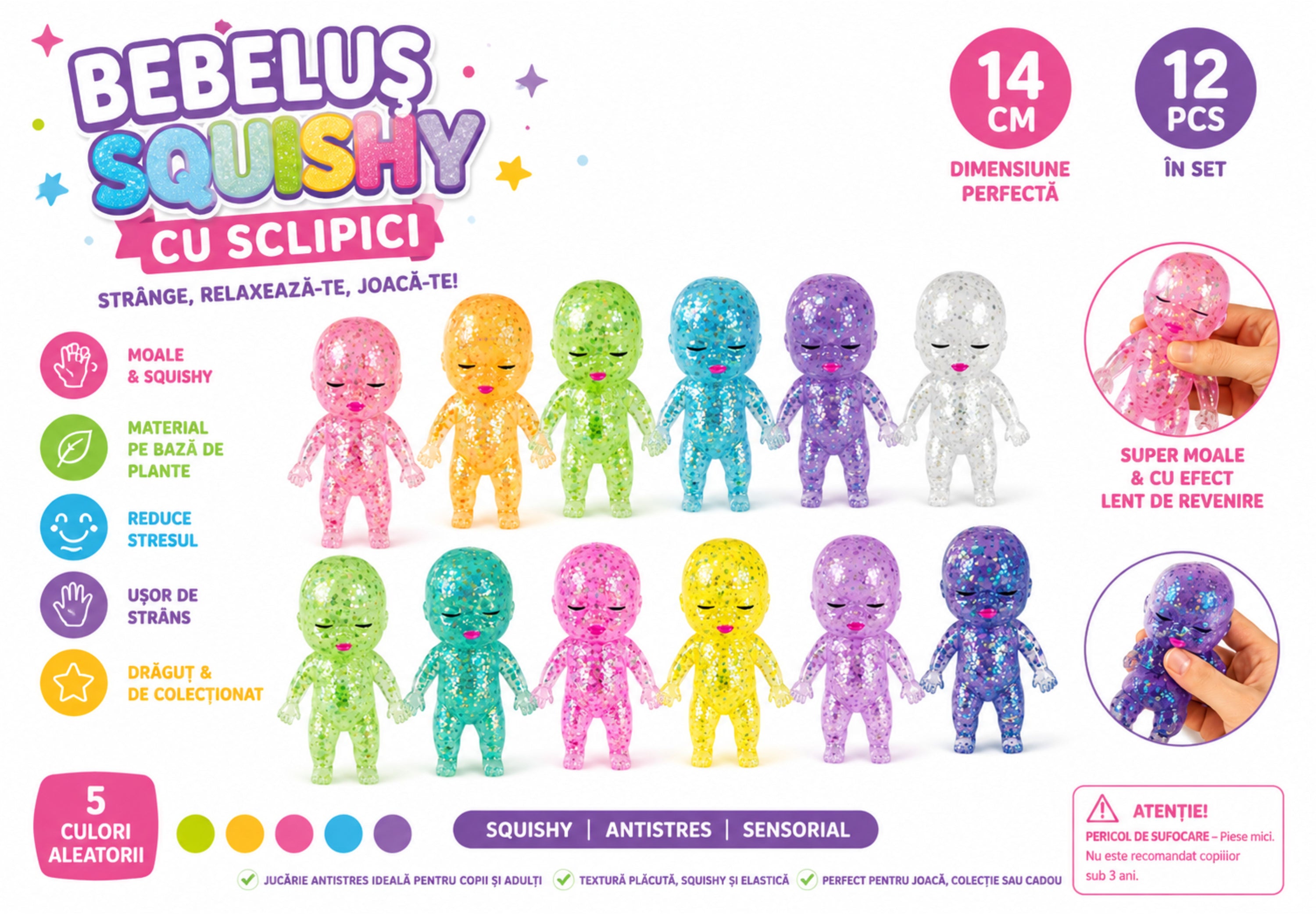 Bebelusi Squishy cu Sclipici, 14 cm- model aleatoriu